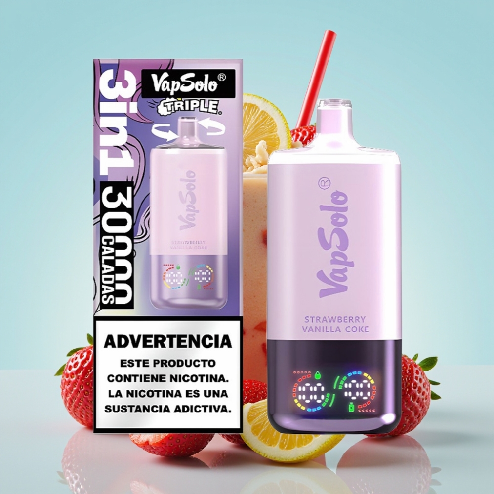 VapSolo Triple 30000 Puffs 40ml 20mg/50mg Type-C Maasikas-Vanilli-Koka