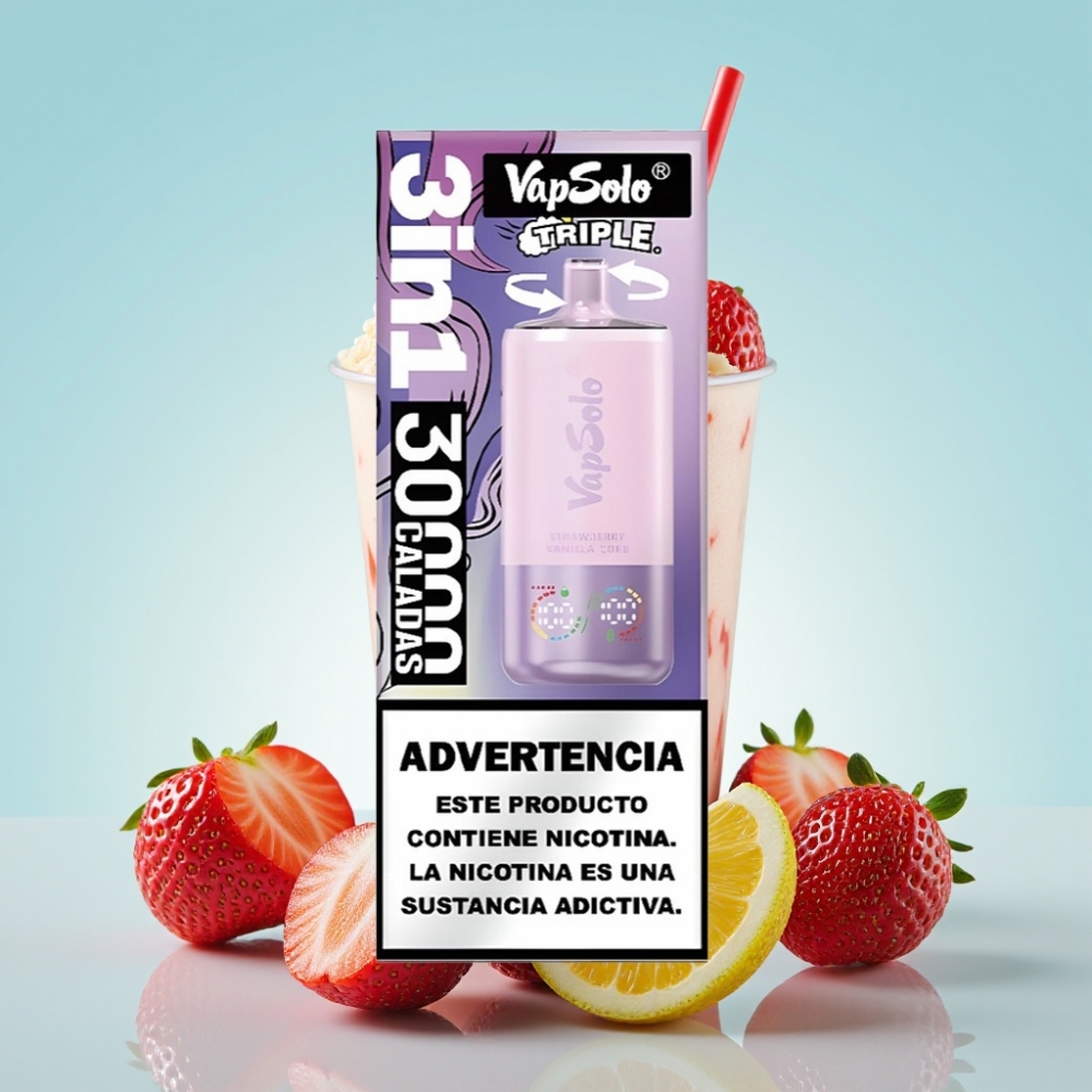 VapSolo Triple 30000 Puffs 40ml 20mg/50mg Type-C Maasikas-Vanilli-Koka