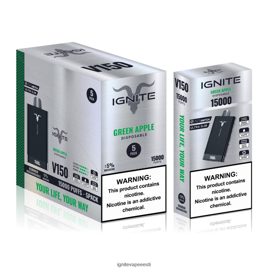 IGNITE Sales - IGNITE V150 vape pen 5-pakendis 0V8B6085 roheline õun